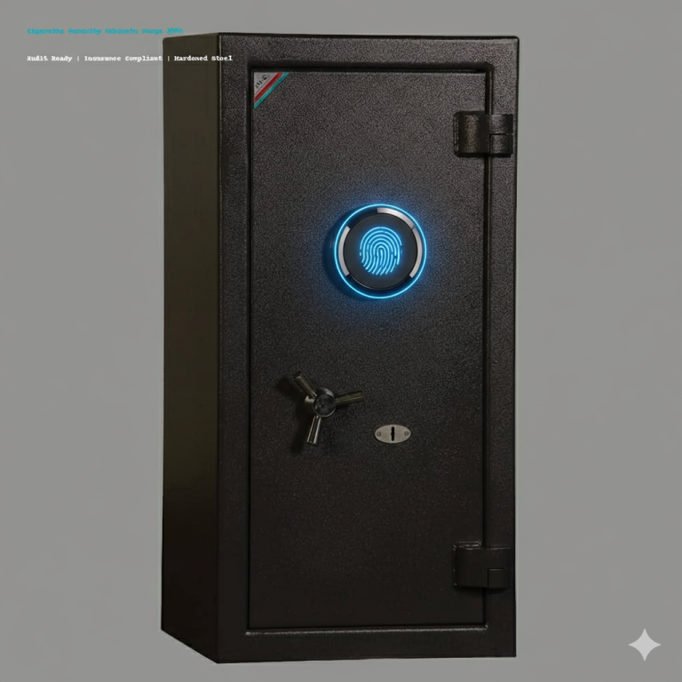 High-security biometric safe with European standard certification EN 1143-1, featuring advanced fingerprint scanner and hardened steel body by JSH Safety Industries.
